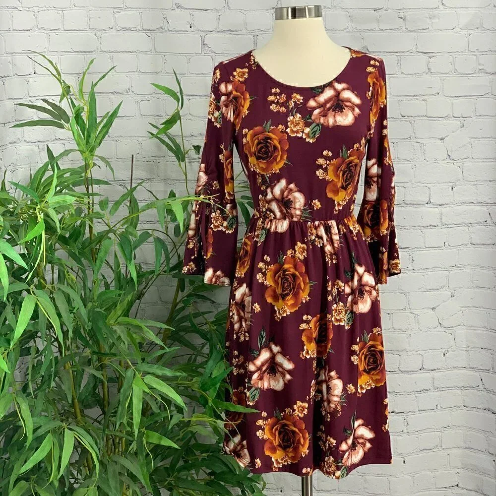 Gilli Maroon w/ Orange & Dusty Pink Floral Dress - Picture 8 of 8
